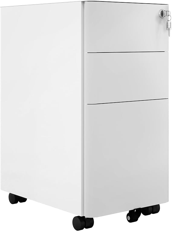 DWVO 3 Drawer Lockable Filing Cabinet Mobile Steel White Grey 30x45x61cm | Under desk file cabinets for home office, fits Letter/Legal/A4 files, pre-assembled with 5 casters and lock, office cabinet