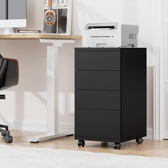 HOCSOK Filing Cabinet with 4 Drawers, 4 Lockable Wheels, Under Desk Drawers | Office Drawers, Mobile File Cabinet for Home Office, Study, Wooden Printer Stand, Slim, Small, Black, 63.5H x 33W x 39D cm