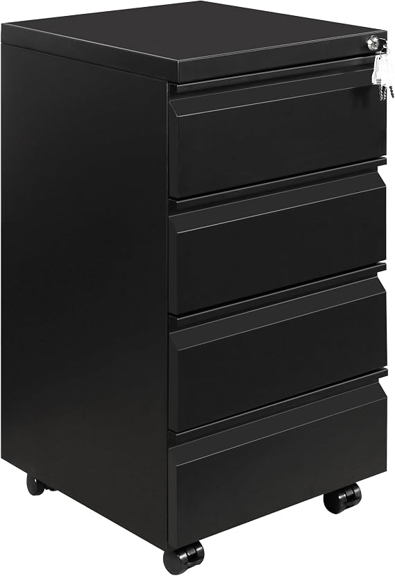 LVSTEEL Mobile Filing Cabinet, Under Desk 4-Drawer Lockable Cabinet with Wheels, Filing Cabinets for Home Office, Pre-Assembled, Black
