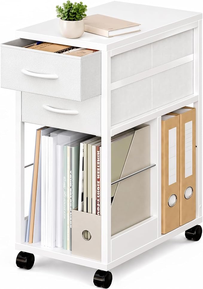 OffiGo Under Desk Filing Cabinet with Fabric Drawers for Home Office, White