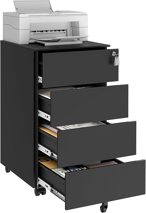 SONGMICS Mobile File Cabinet, Lockable, with 4 Drawers, Hold Documents, Stationery, Pre-Assembled, for Office, Home Office, 39 x 45 x 69.3 cm, Ink Black OFC064B16